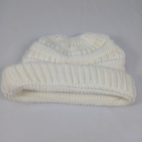 CC Womens OS Ponytail Messy Bun Beanie Ivory Knit Winter Hat Stretch Acrylic - Picture 4 of 6